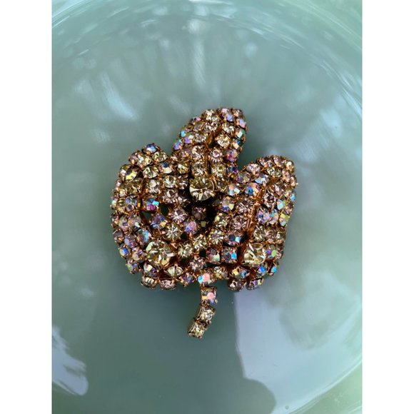 Vintage 1960s Large AB Rhinestone Cluster Leaf Brooch - Picture 4 of 12